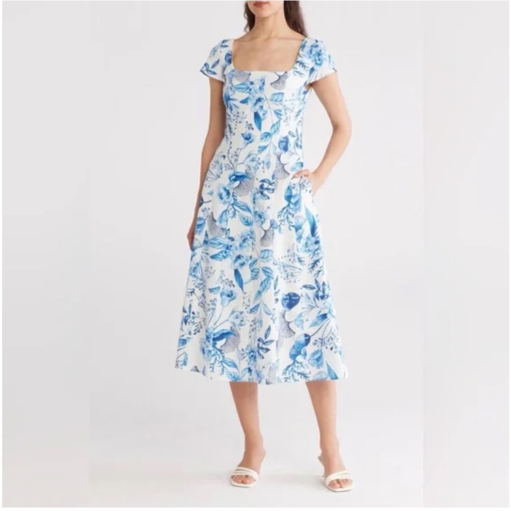Avec Les Filles Floral Linen Blend fit & Flare dress